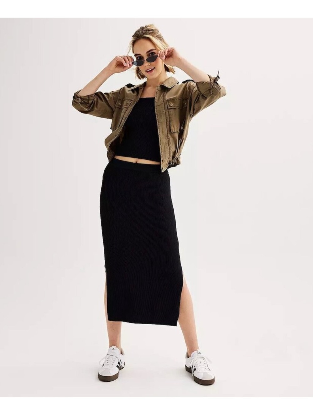 NWT House of Harlow 1960 2 Piece Black Ribbed Midi Skirt and Top